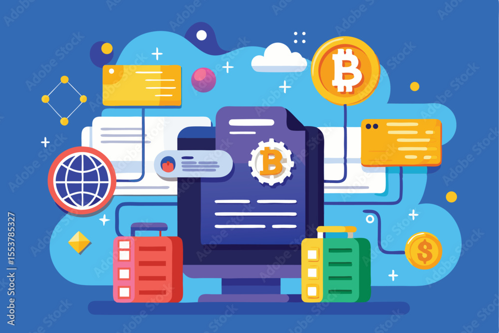 Poster concept of bitcoin data and document storage represented with colorful digital elements and icons, s
