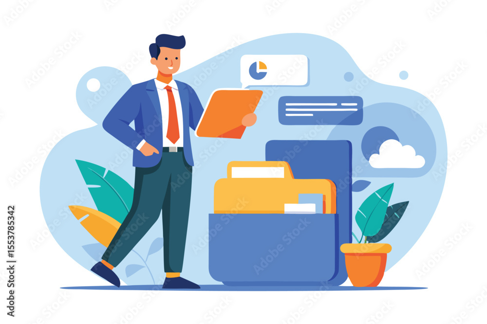 Poster tiny businessman proudly managing data backup inside a large folder with graphical elements and vibr