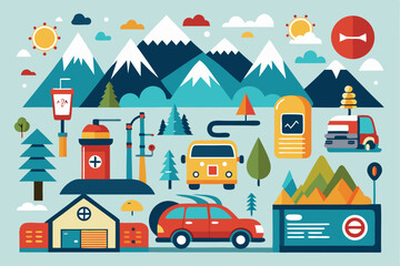 Collection of travel related icons featuring mountains, vehicles, and outdoor activities in a vibrant flat design style for travel enthusiasts