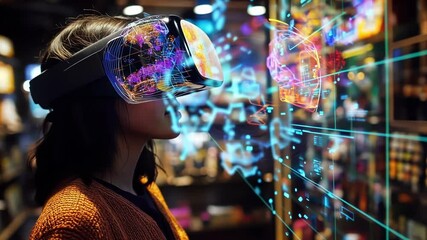 Young professional software engineer wearing virtual reality headset analyzing holographic futuristic big data interface, working in her office at night - Powered by Adobe