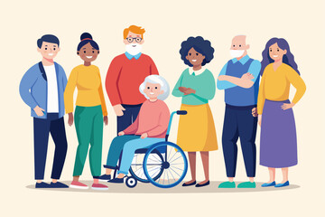 Fototapeta premium Group of elderly and young individuals with disabilities standing together, promoting inclusivity and community spirit in a supportive environment