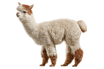 Fototapeta premium PNG Fluffy alpaca with brown and white wool standing against black background