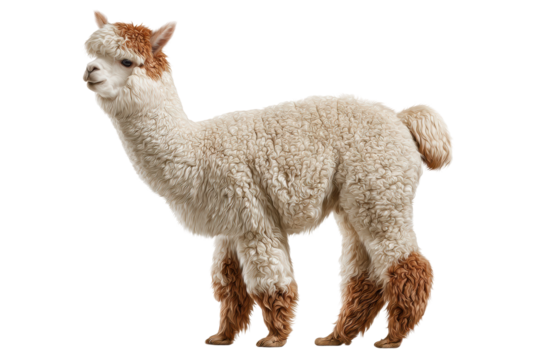 PNG Fluffy alpaca with brown and white wool standing against black background