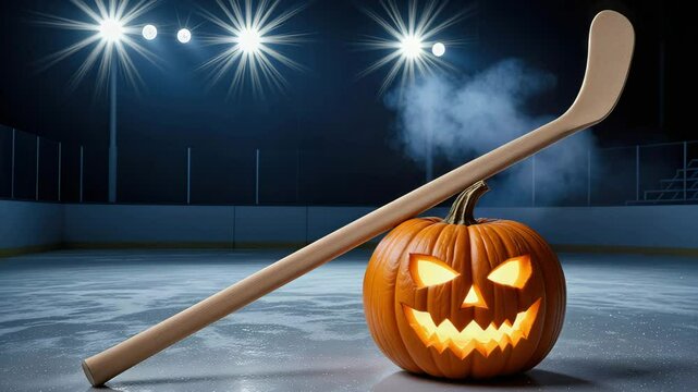 Wooden hockey stick and carved pumpkin on ice rink &ndash; Halloween sports theme