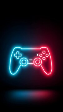 Minimalistic neon icon representing gaming, glowing game controller with pixel elements, bright neon colors on dark background,