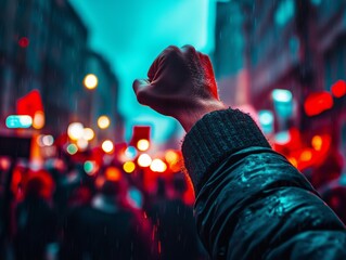 A raised fist in a crowd at night, illuminated by city lights. The image conveys a sense of street protests and collective action, rally in support, national pride, people solidarity.