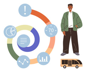 Person in casual attire stands near colorful circular infographic with charts, icons, percentage data, and bus vector. Ideal for data visualization, public transport, business, planning, urban areas