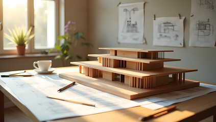 Creative Haven: Wooden Scale Model in Natural Glow