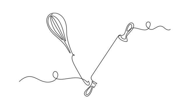 Animated self drawing of continuous line draw Whisk and rolling pin kitchen utensils. Full length one line animation. 4K	