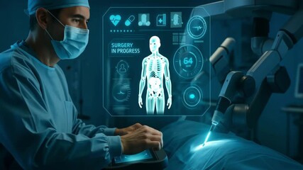 Surgeon performs robotic operation guided by real-time HUD data and anatomical overlays in high-tech operating room - Powered by Adobe