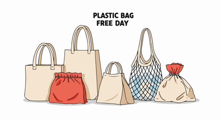 Reusable shopping bags collection for Plastic Bag Free Day. Eco-friendly tote bags, string bags, and cotton sacks shown for Plastic Bag Free Day campaign.