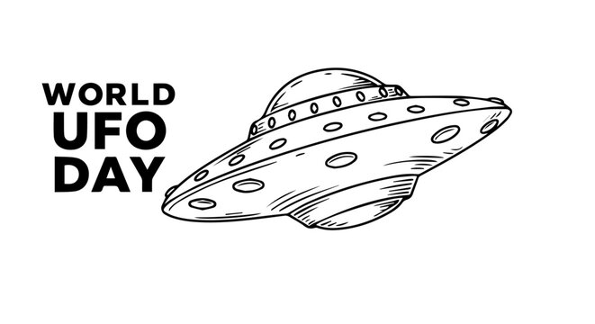 Classic UFO spaceship illustration for World UFO Day. Detailed drawing of flying saucer with portholes and rivets.  Spacecraft design perfect for posters and banners celebrating World UFO Day.