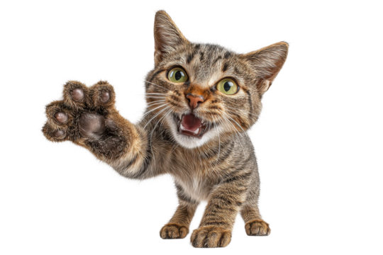 PNG Playful tabby kitten reaching out with paw in curious gesture