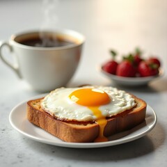 Fried Egg on Toast Bread and cup of fresh hot coffee on light grey background