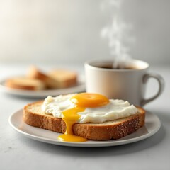 Fried Egg on Toast Bread and cup of fresh hot coffee on light grey background