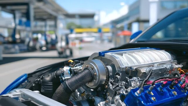 Close-up on a turbocharged engine&rsquo;s core mechanical parts, detailed cylinders and pistons alongside hoses, serpentine belts, alternator, and wires, highlighting precision in motor