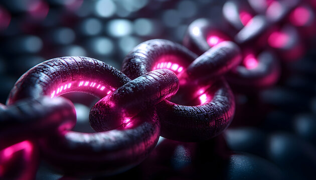 Glowing magenta chain links with textured surface against blurre