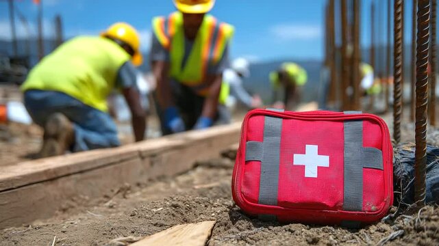 Sharp focus on a red first aid case resting on a dusty floor next to rebar and wood. A worker in a yellow vest bends to assist another in the background, blurred for emphasis, unde