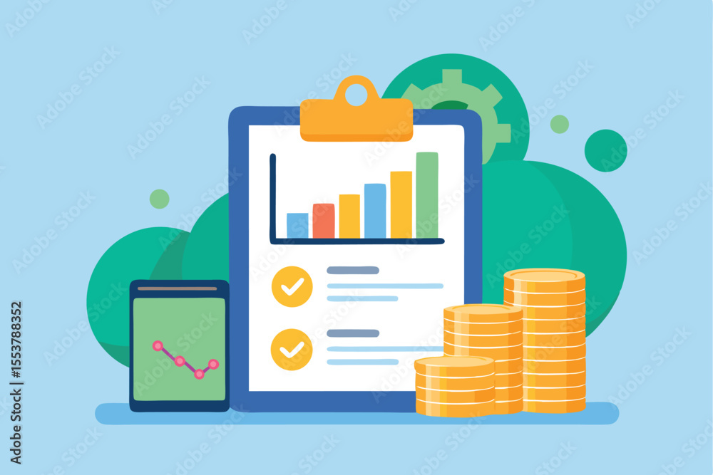 Poster chart on clipboard with financial data alongside graphical representation and stacks of coins in a p