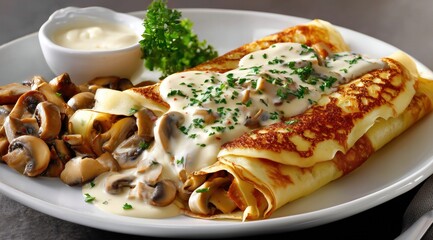 Une assiette de crêpes classiques garnies de champignons sautés et nappées d'une exquise sauce au fromage frais, onctueuse et blanche, photographie culinaire professionnelle.