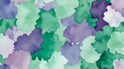 Delicate combination of mint green and pale lilac watercolor with soft ink diffusion evokes calm sophistication