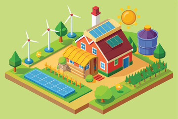 Sustainable farm featuring wind turbines and solar panels in a green landscape with efficient energy solutions and diverse crops