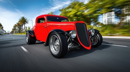 Un v&eacute;hicule  hot rod rouge &agrave; l'allure agressive avec des roues chrom&eacute;es, roulant sur une route urbaine, flou de mouvement donnant une impression de vitesse.