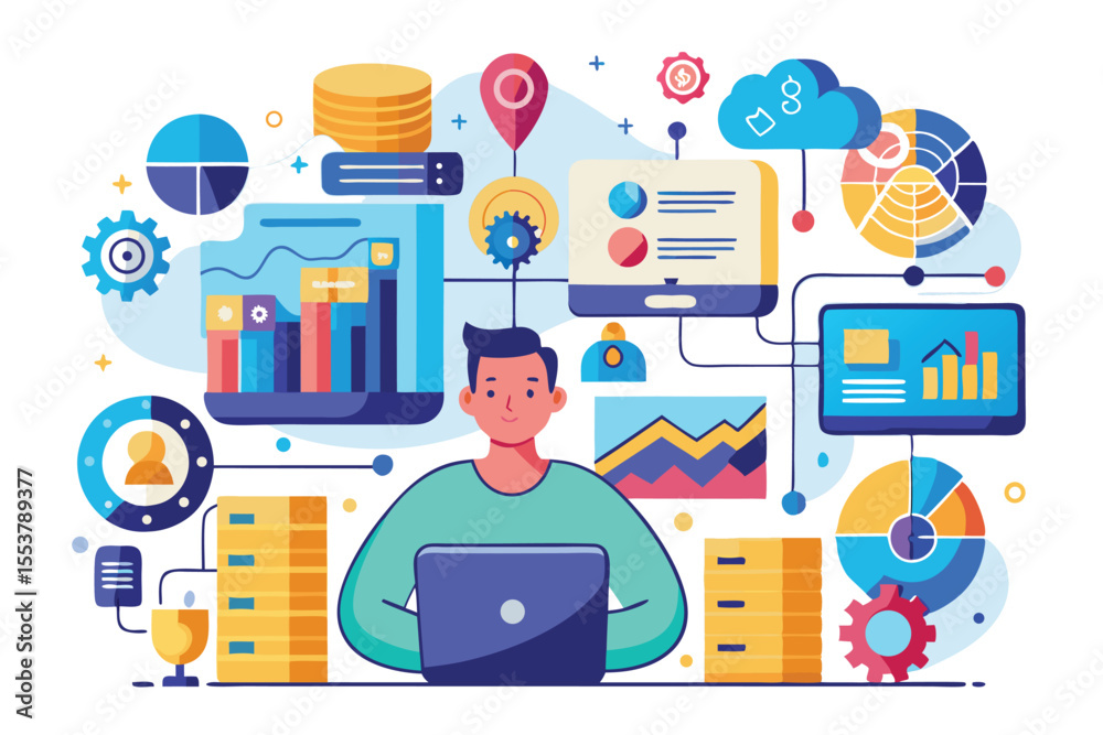 Poster innovative application of big data concepts in a modern workspace featuring data visualization and a