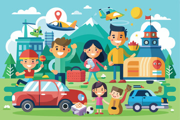Obraz premium Various characters enjoying outdoor activities in a vibrant park setting with mountains and diverse vehicles during a sunny day