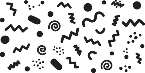 Playful Background with a Variety of Geometric Shapes and Doodle Elements in Black and White for Creative Projects