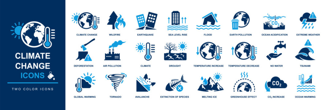 climate change icon set including global warming, extinction of species, greenhouse effect, natural disaster like wildfire, earthquake, flood, drought, ocean pollution, deforestation, earth pollution