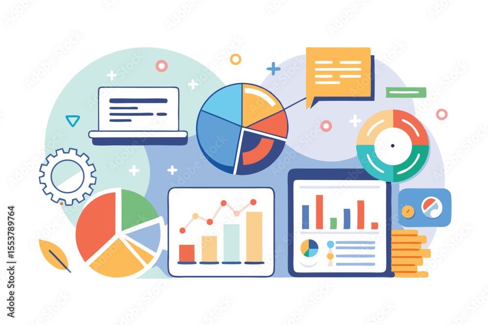 Poster visual representation of analytics marketing metrics and data analysis tools used in financial decis
