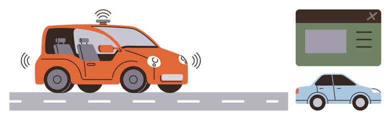 Self-driving car emitting sensor signals, control dashboard interface, and traditional car on a highway. Ideal for automation, AI, technology, transportation innovation, smart vehicles, mobility