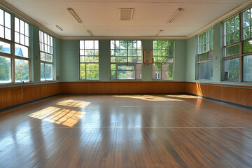 Sunlit Gymnasium Interior with Large Windows and Wooden Floor De