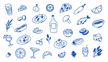 Collection of hand drawn food and drink items in blue ink on white background