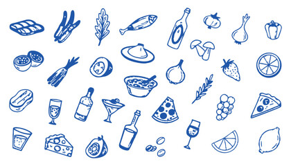 Collection of hand drawn food and drink icons in blue ink on white background