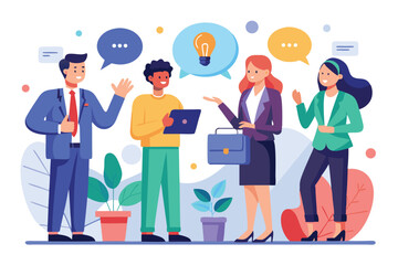 Engaging group discussion on innovative ideas and collaboration among diverse professionals in a bright office environment