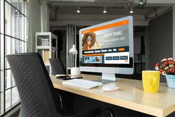 Naklejka premium Online travel agency website for modish search and travel planning offers deal and package for flight , hotel and tour booking