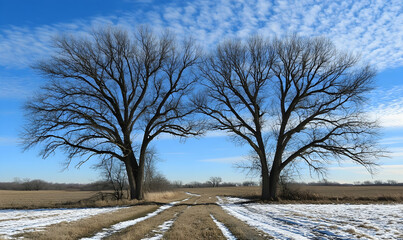 Twin Trees Arching Over a Snowy Path Under a Bright Blue Sky