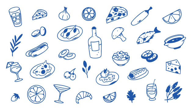 Collection of hand drawn food and drink items in blue ink on white background