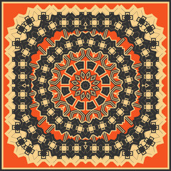 Black and beige complex ethnic mandala on orange background. Design for bandana, plaid, neckerchief or other. Vector illustration