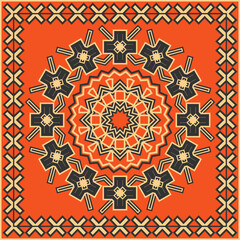 Black and beige ethnic mandala on orange background Design for bandana, blanket, neckerchief or other. Vector illustration
