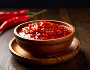 Chili sauce in Wooden Bowl with Water Droplets