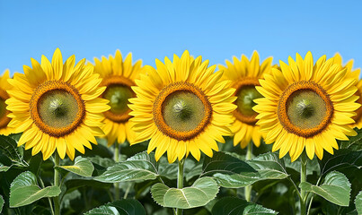 Obraz premium Vibrant sunflowers in full bloom against a clear blue sky, showc