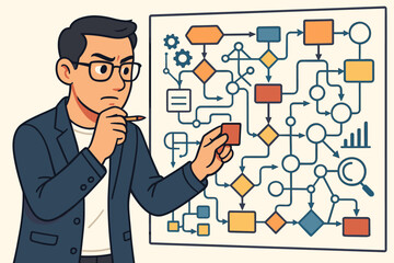 Fototapeta premium Businessman analyzing a complex flowchart, planning a business process workflow. Strategic thinking and problem-solving concept. Project manager organizing data system diagram. Vector.