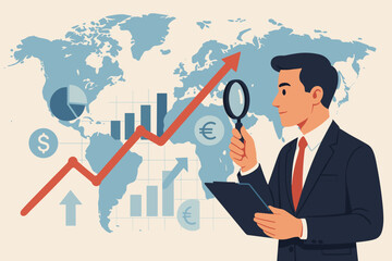 Obraz premium Global business investment. Financial analysis concept. Businessman analyst examining economic trends. Stock market growth chart on world map. Magnifying glass. Data analysis. Vector.