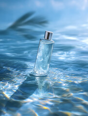 Micellar water bottle partially submerged in shallow pool with light reflecting off