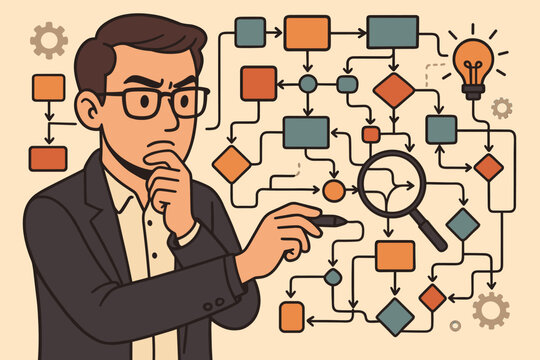 Pensive businessman analyzing a complex flowchart. Concept for business process mapping, strategic planning, workflow optimization, problem solving, data analysis, and finding solutions.
