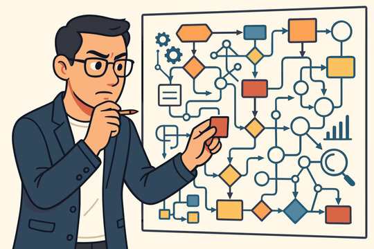 Businessman analyzing a complex flowchart, planning a business process workflow. Strategic thinking and problem-solving concept. Project manager organizing data system diagram. Vector.