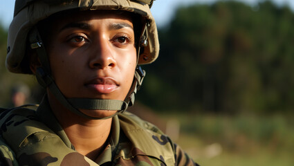 A female soldier in full military gear gazes thoughtfully into the distance at a training ground during a clear afternoon, highlighting dedication to service. Generative AI.